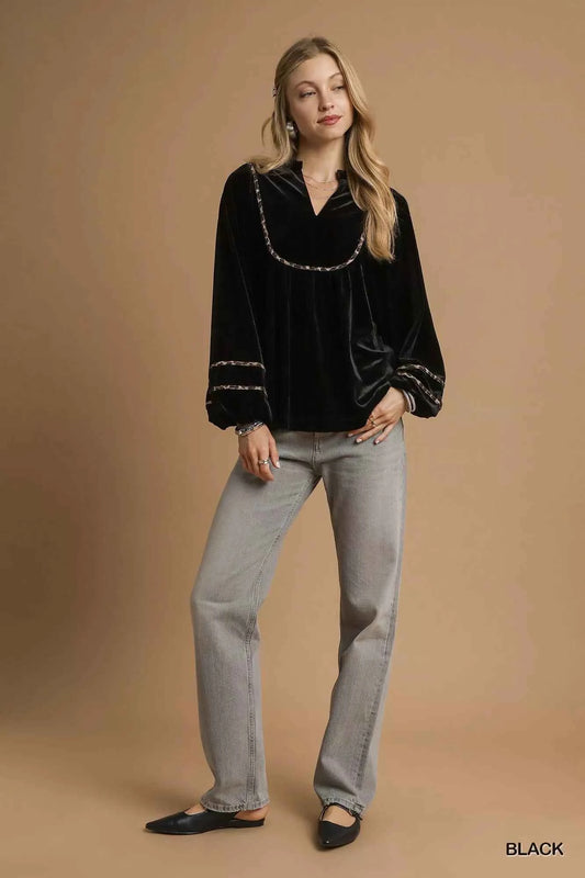 Velvet Long Sleeve Blouse with Contrast Trim ead99b50-7a23-44d7-b12b-709a079a8227-Max-Origin