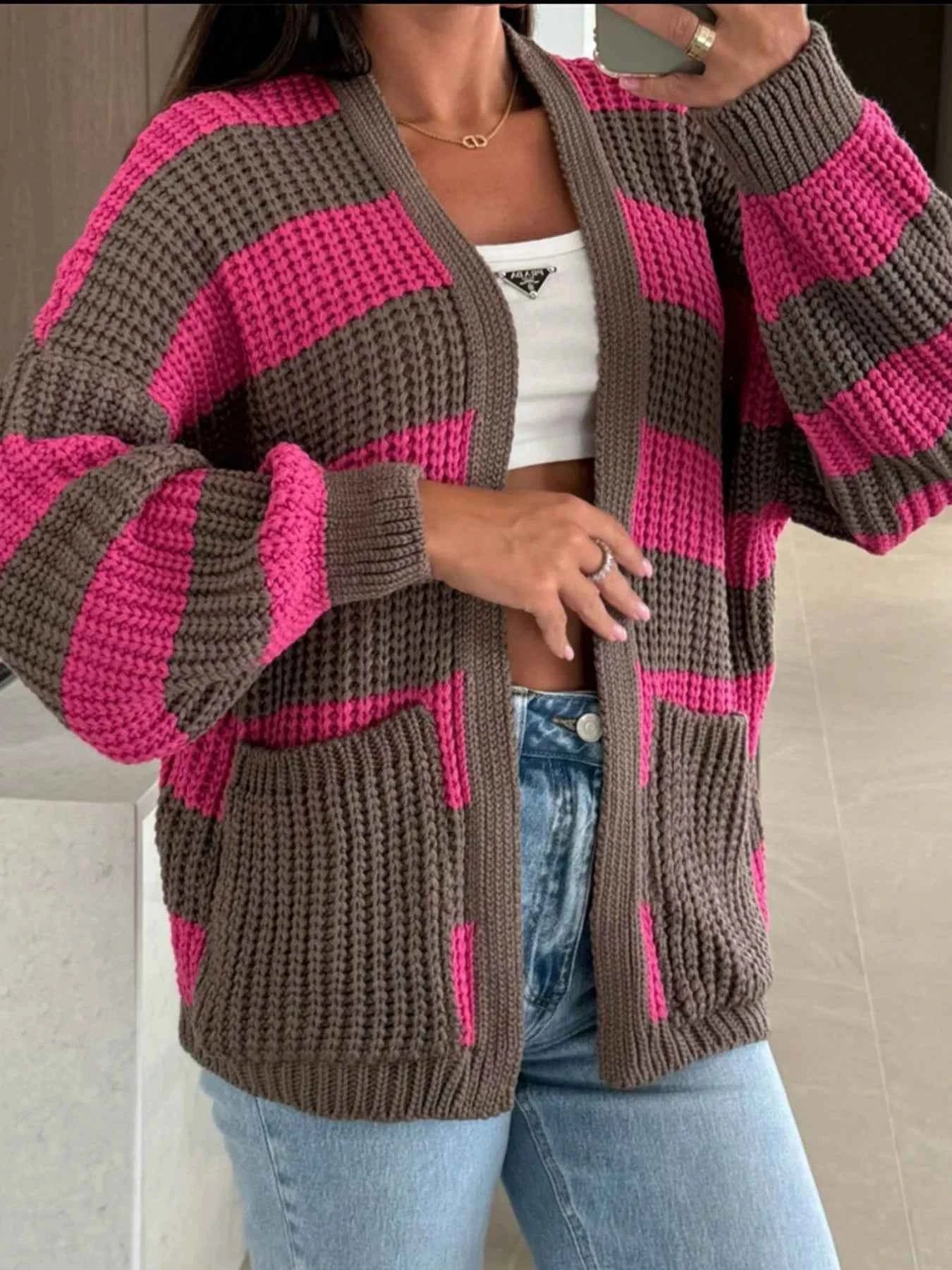 Striped Open Front Long Sleeve Cardigan Fuchsia Pink eadb246f-93ef-4d2c-8bdc-bd8efb5940fe-Max-Origin
