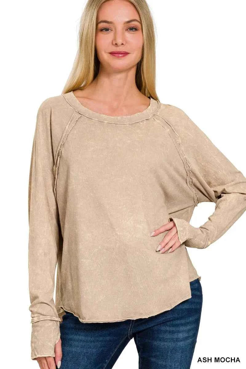 Zenana Crinkle Washed Thumb Hole Cuffs Long Sleeve Top ASH MOCHA eae479df7d0a4079a503efefb649c1ed-Max-Origin