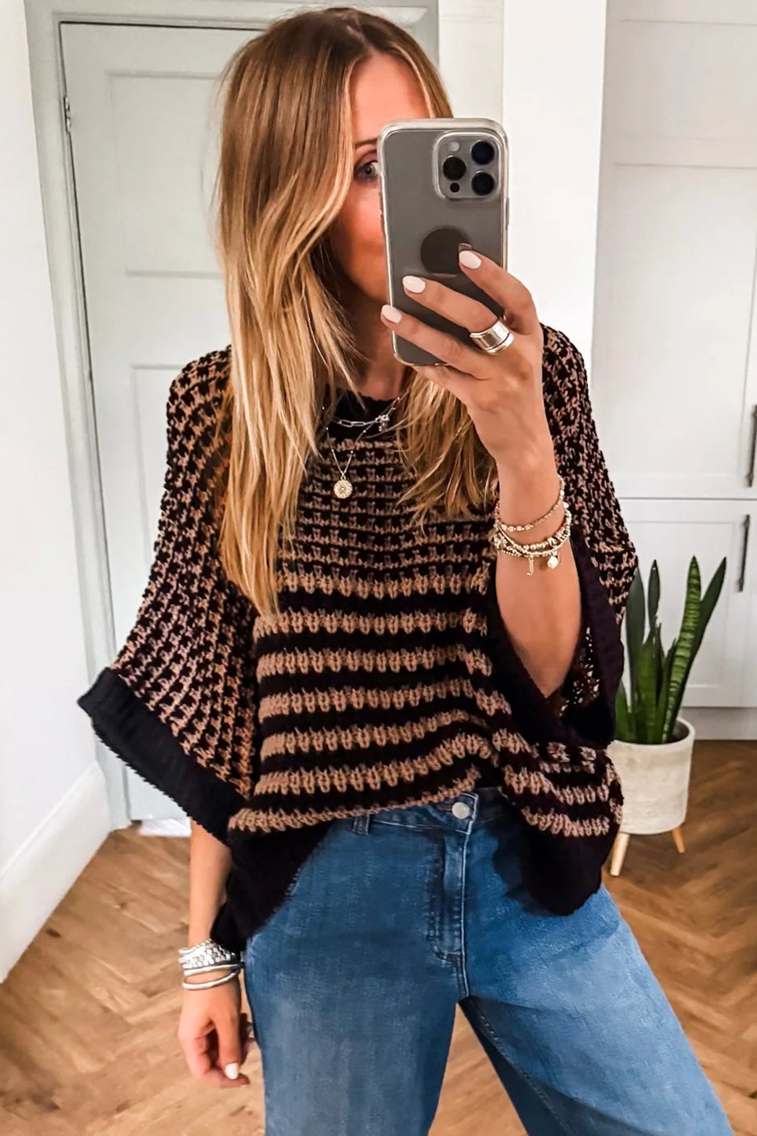 Black Stripe 3/4 Draped Sleeve Slouchy Sweater eae6140a5608b8a3