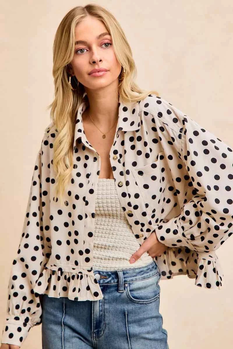 BiBi Crinkle Polka Dot Ruffled Hem Button Up Shirt Top eae7abc434fb430ca711bbc3fd044b0e-Max-Origin