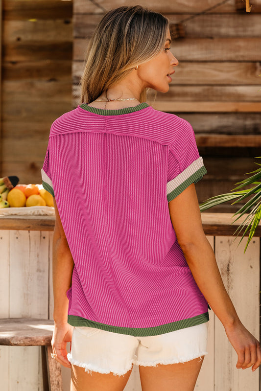 Rose Red Textured Colorblock Round Neck T Shirt eaecba70a548d9df