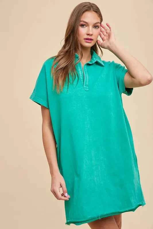 Annie Wear Mineral Washed Johnny Collar Short Sleeve Dress Turquoise eaef4062-a72c-4676-a5b0-52a4d90347a7-Max