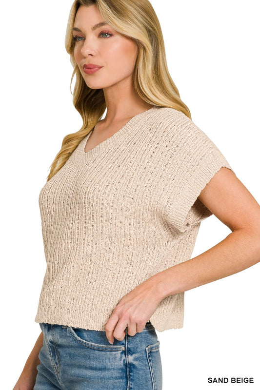 Textured Knit V-Neck Cropped Sweater eaefa433c8724651b325b68f5a17ac59-Max