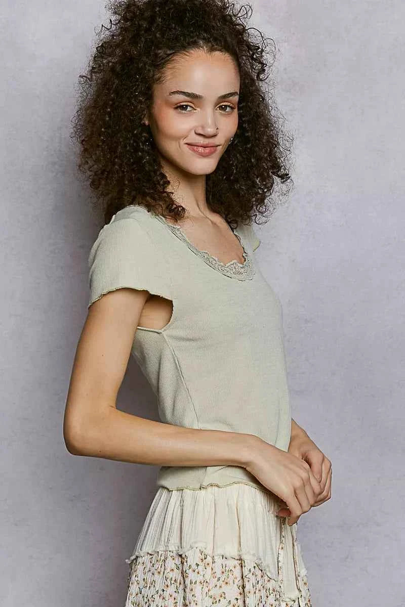 POL Round Neck Short Sleeve Crop T-Shirt with Lace Trim eafb7b0b-22c6-40b8-84f5-e1807164c4c5-Max-Origin