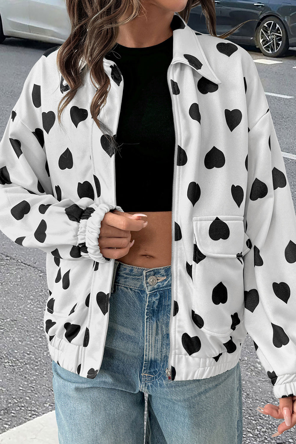 White Zipper Heart Print Collared Jacket eafbd2dd7c324d56