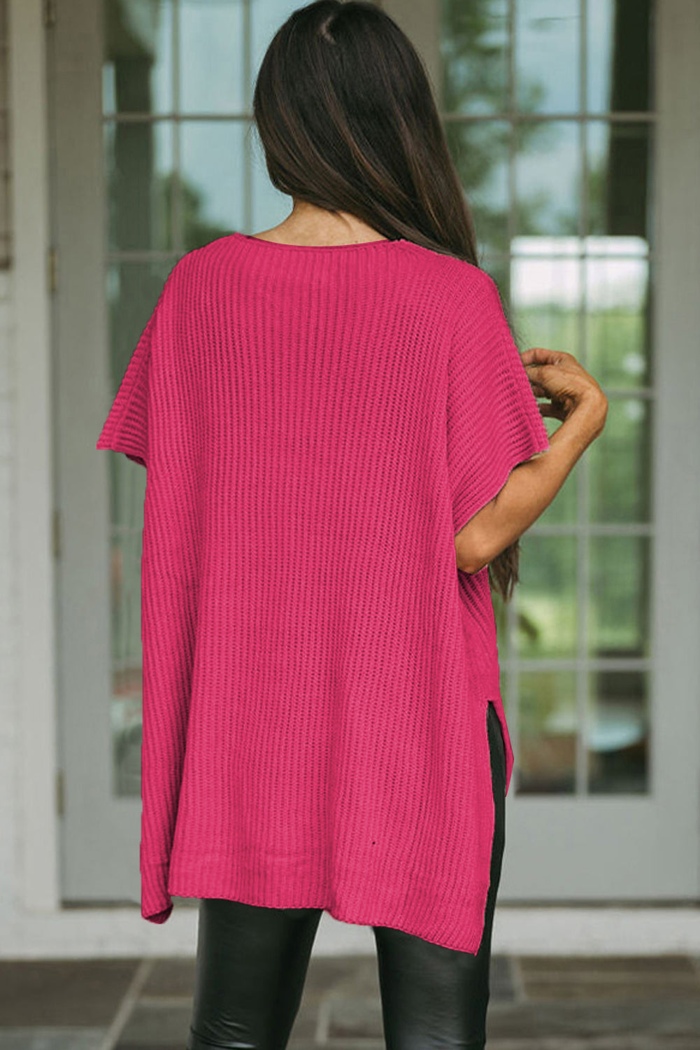 Rose Red Side Slit Short Sleeve Oversized Sweater eaff9326fcab94d2