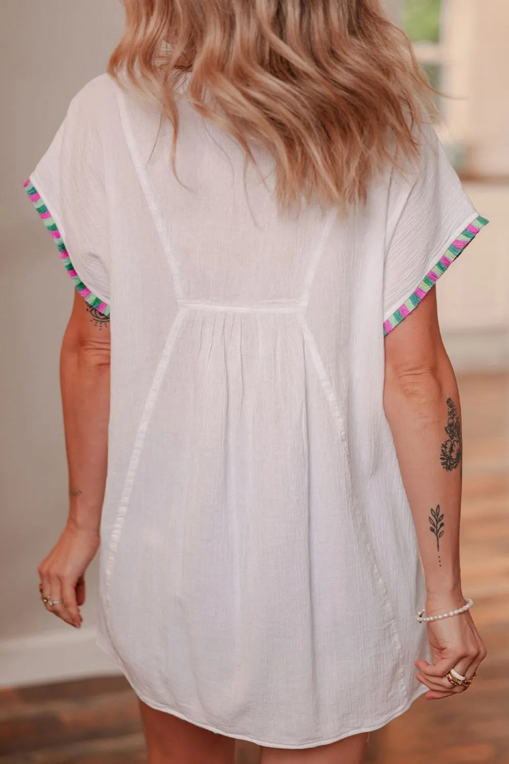Tassel Tie Neck Short Sleeve Blouse eb013091-7ec1-456c-bd9d-cb5e81d7172d-Max
