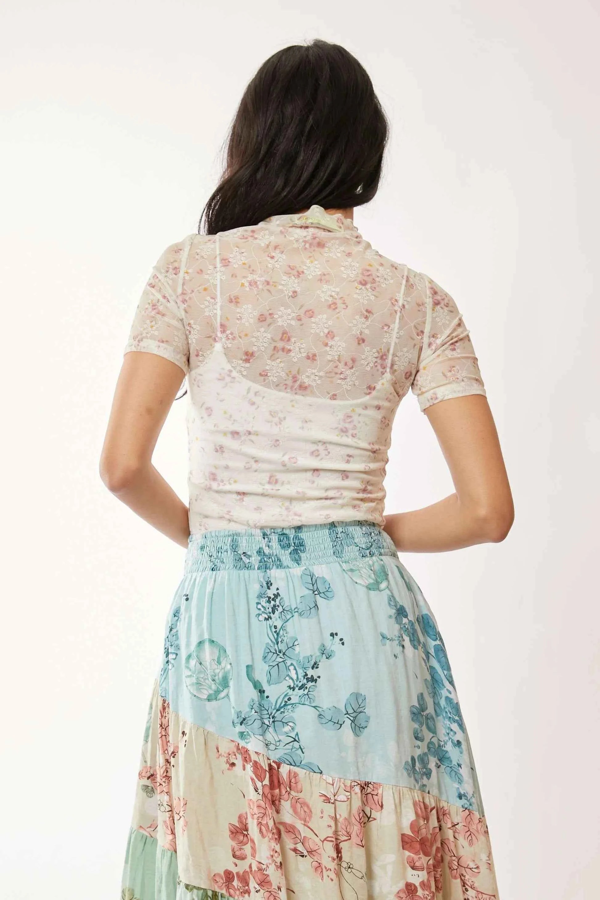 Davi & Dani Floral Mesh Mock Neck Short Sleeve Top eb02effdce97489483b3c996e7de97a8-Max-Origin