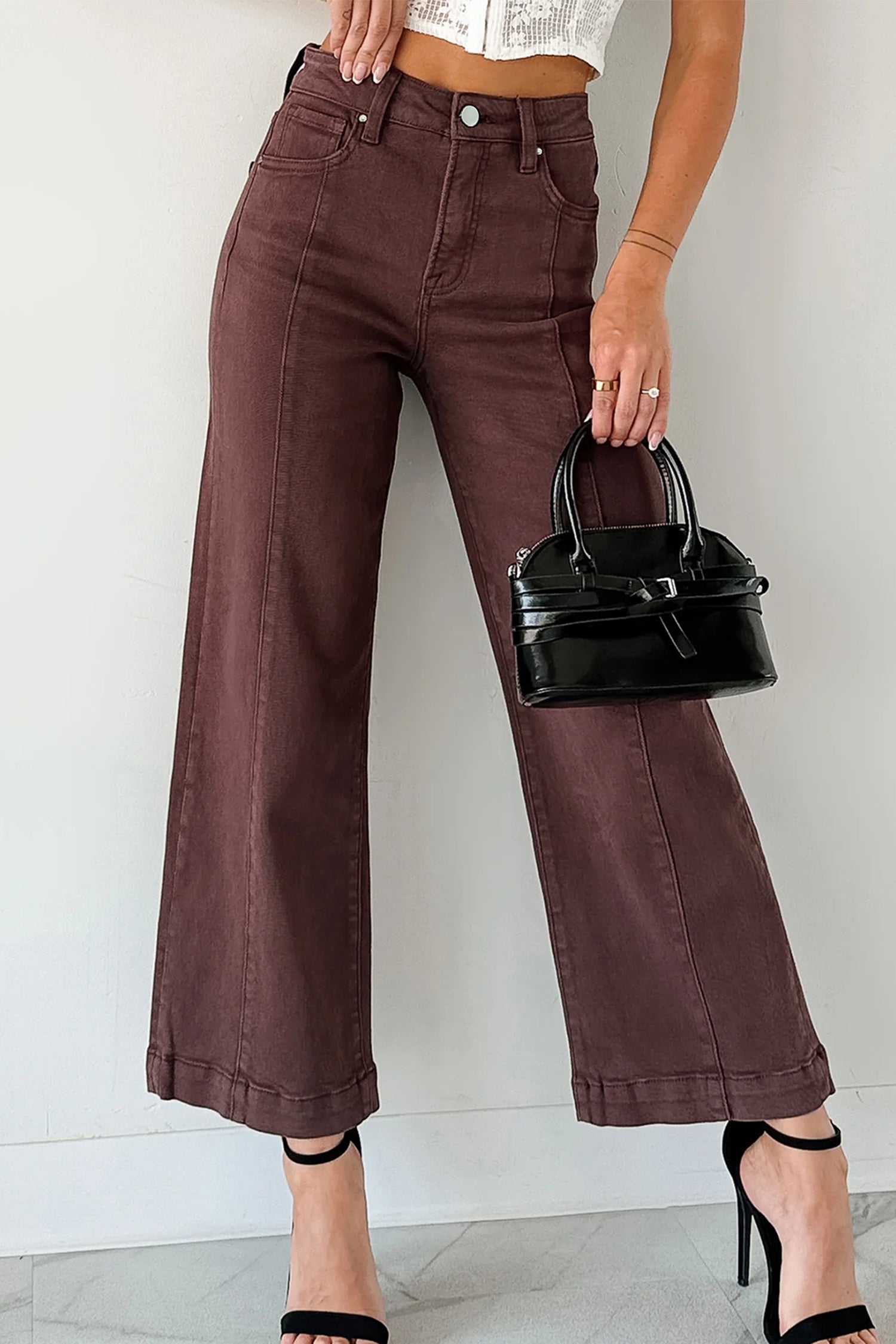 Apricot Solid Color Seamed Center Wide Leg Cropped Jeans Red Sandalwood 98%Cotton+2%Elastane eb0435fe702dd02b