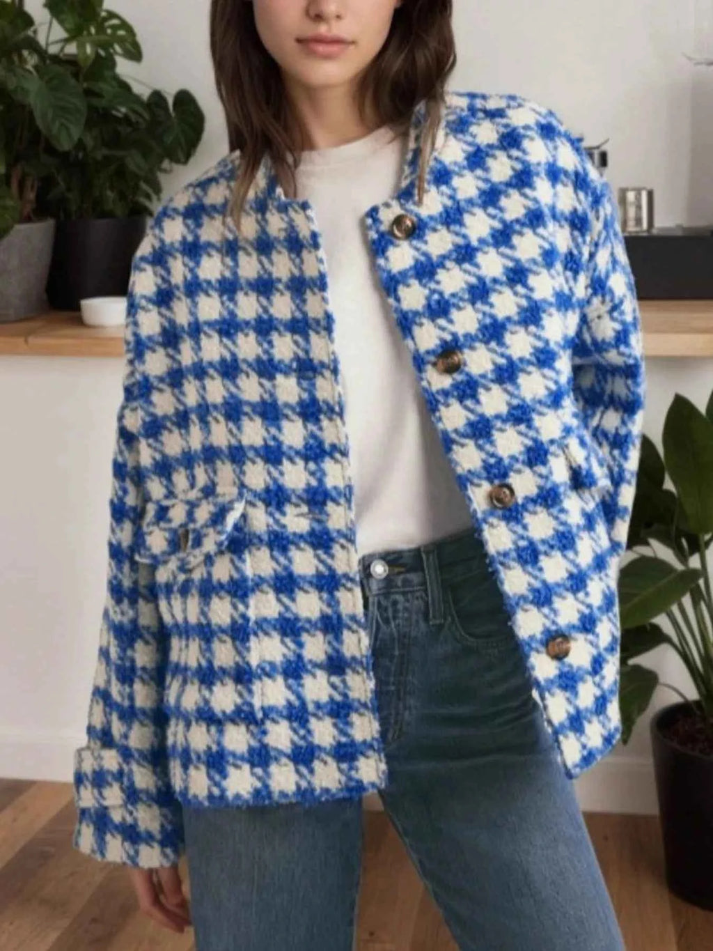 Houndstooth Button Up Long Sleeve Jacket Blue eb07ab1e-146e-471c-b3a2-f7421e08fbb2-Max-Origin