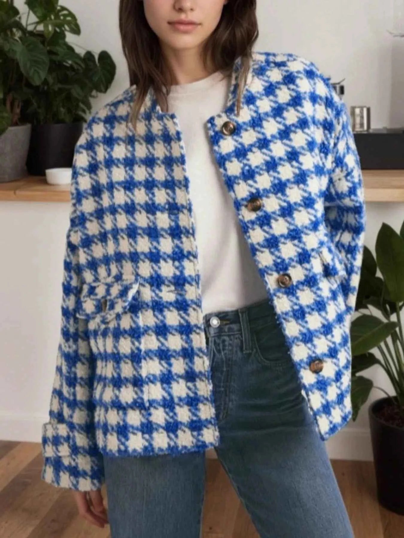Houndstooth Button Up Long Sleeve Jacket Blue eb07ab1e-146e-471c-b3a2-f7421e08fbb2-Max-Origin