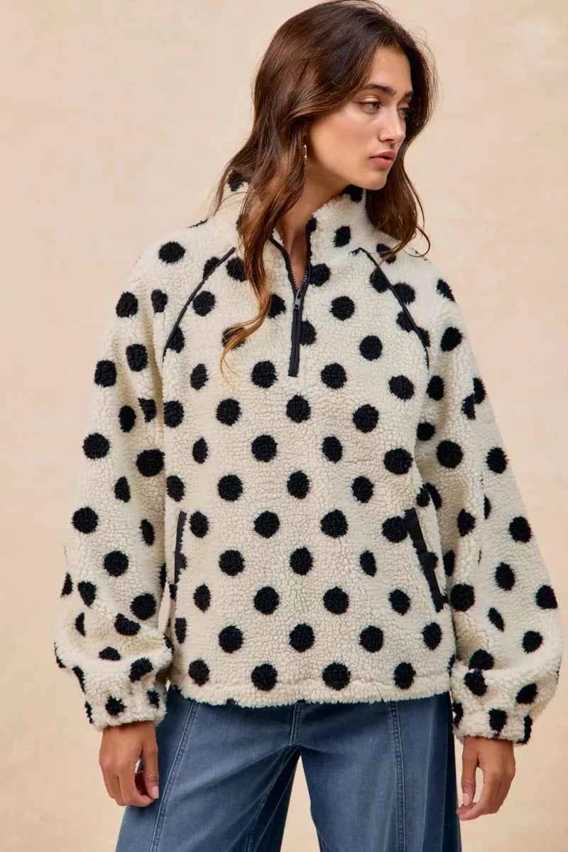 Polka Dot Sherpa Half Zip Up Top with Side Pocket eb0b18cc-1478-416c-bb52-bcef2091a9e1-Max-Origin