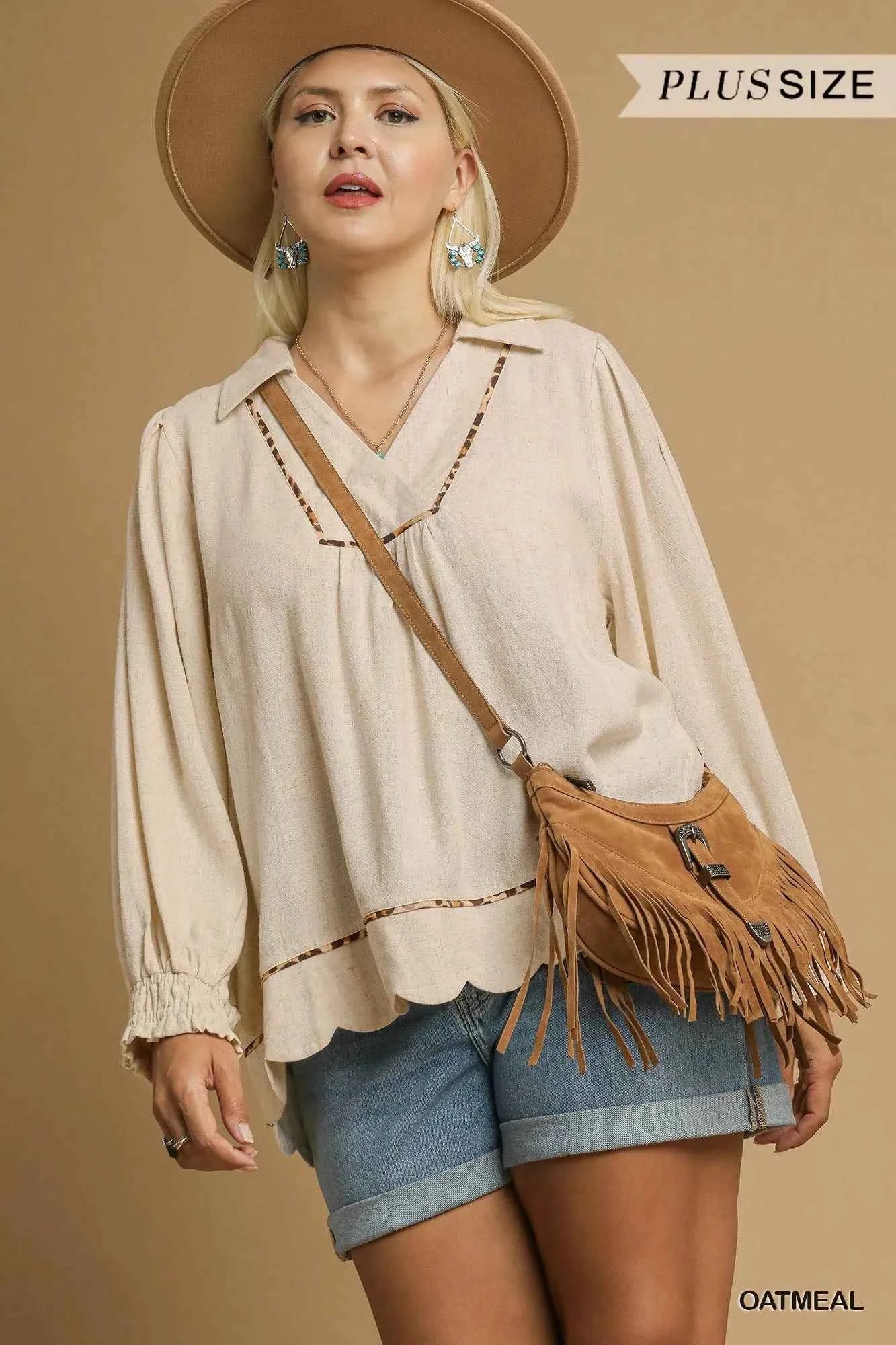 Umgee Full Size Linen Scallop Hem Blouse with Contrast Trim Plus Size eb0b3c90-be34-425b-8fa2-9b6bac4e2536-Max-Origin
