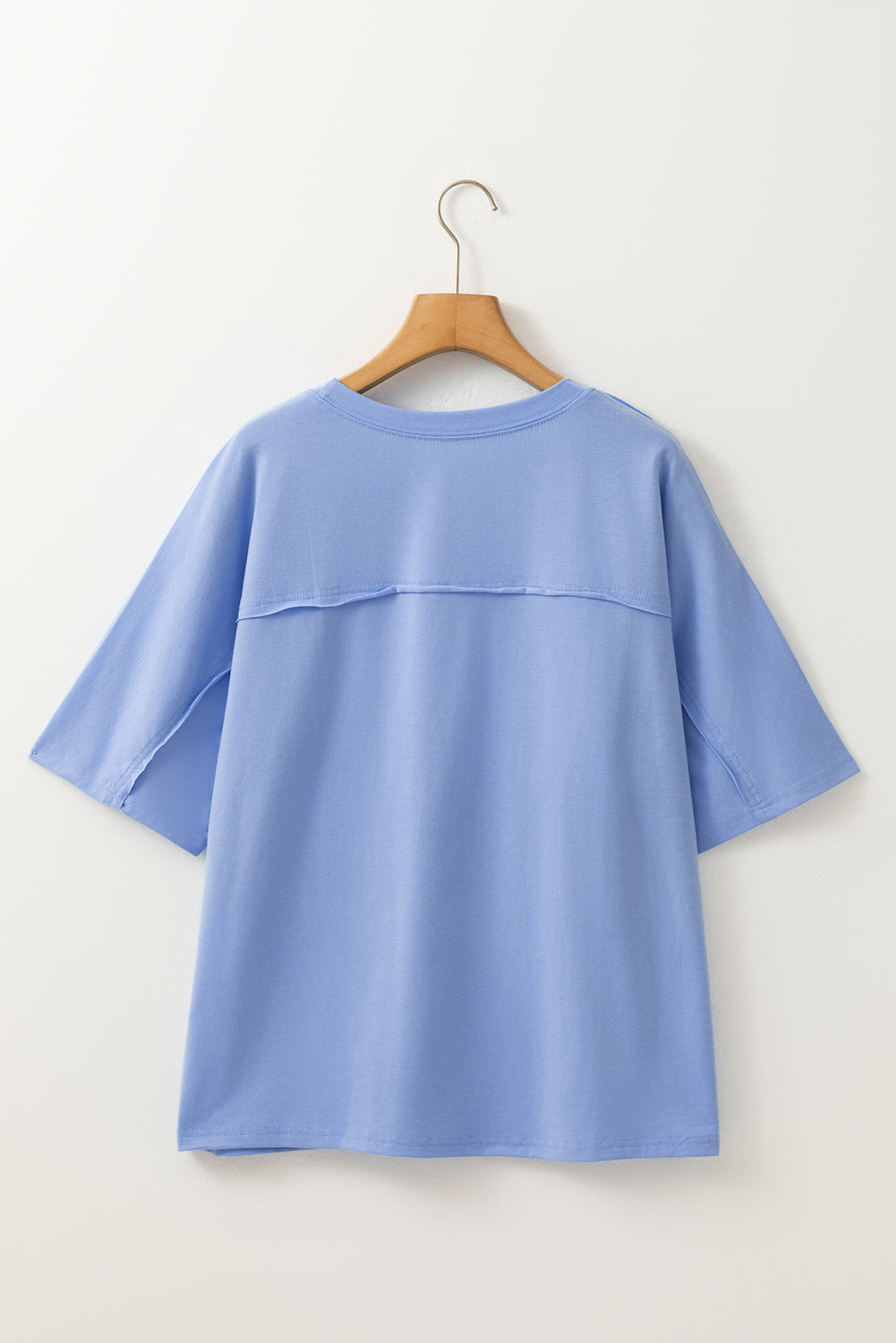 Sky Blue Flower Patched Exposed Stitching Trim Loose Tee eb0dfdaf7dcc4d42
