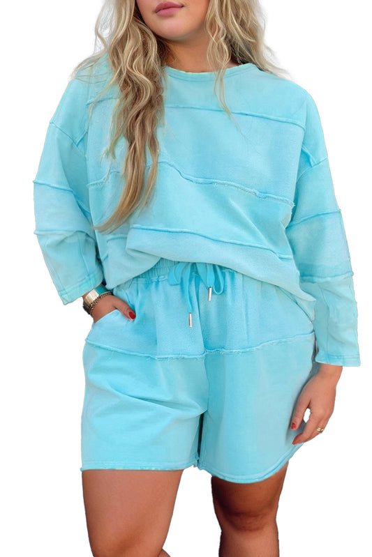 Aruba Blue Solid Color Pullover Top Plus Size Raw Hem Shorts Set Aruba Blue 65%Polyester+35%Cotton eb0ea1b5f35b3a15
