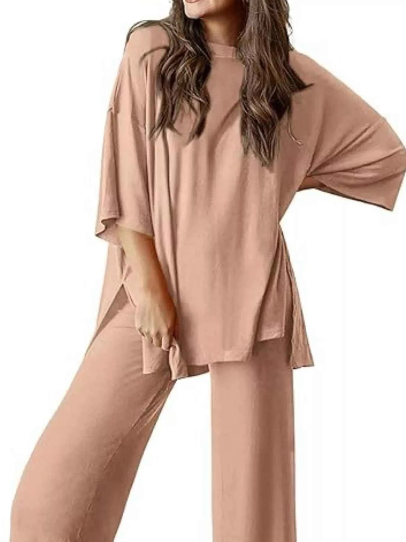 Slit Round Neck Top and Pants Set Tan eb0eae07-e83c-48af-a913-943d823c9906-Max-Origin