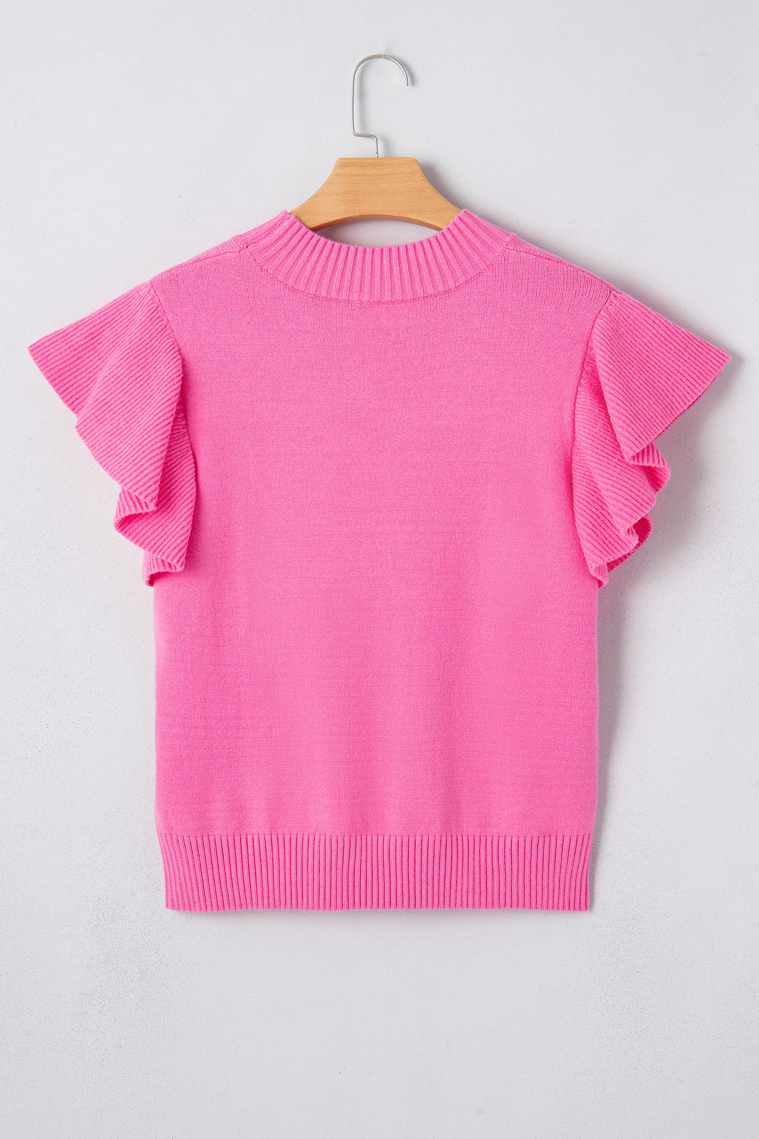 Sachet Pink Solid Color Ribbed Trim Round Neck Ruffle Short Sleeve Sweater eb0f076de19e73f7
