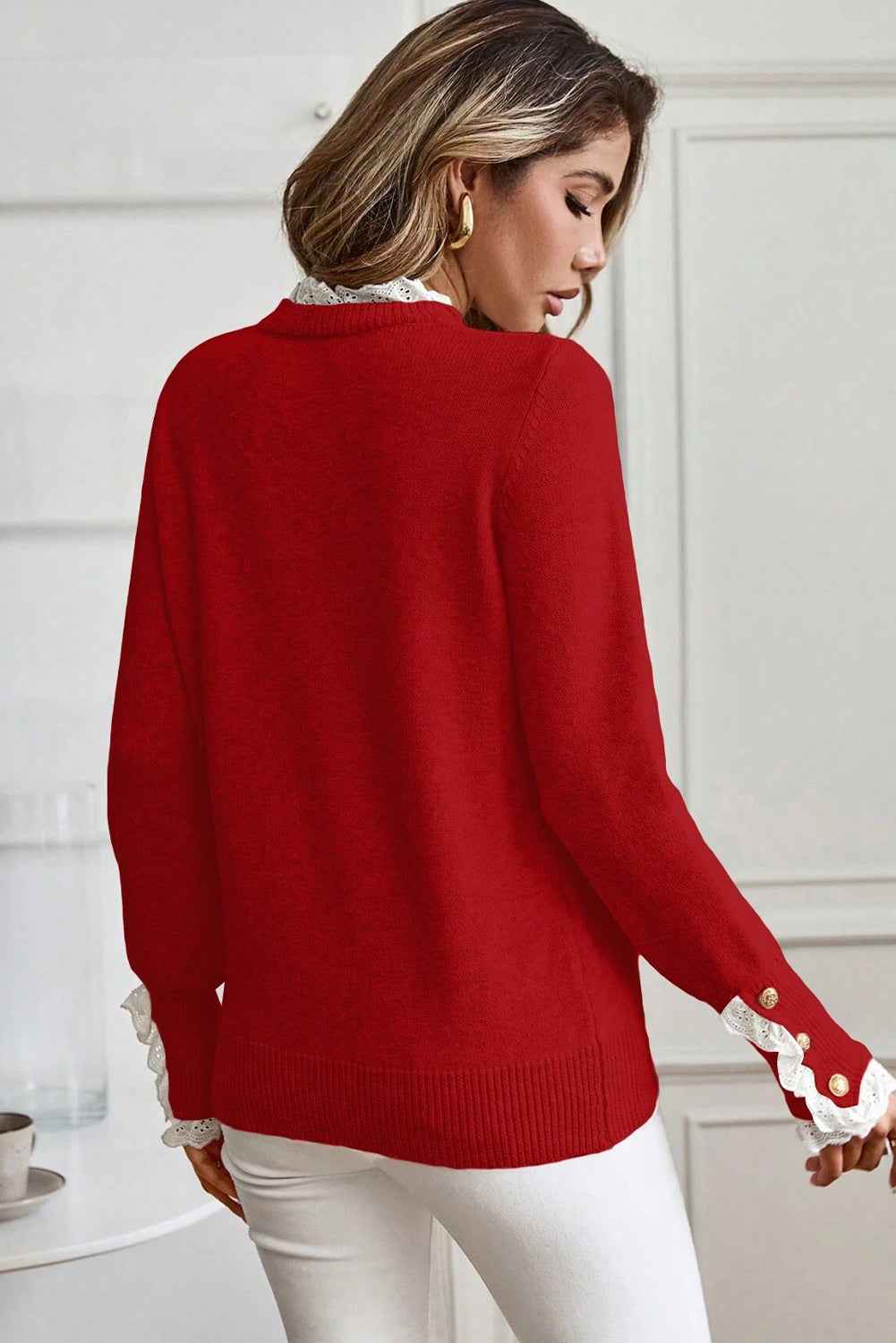 Racing Red Lace Trim Patchwork Buttoned Cuffs Loose Sweater eb107a208d38c445
