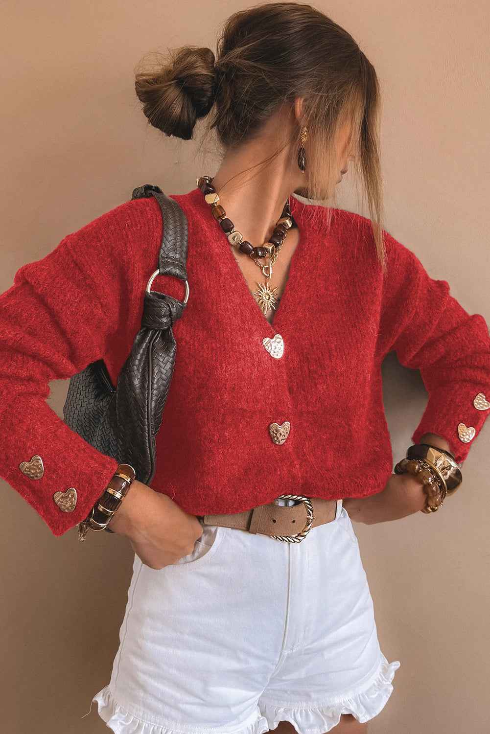 Fiery Red Heart Metal Button V Neck Cardigan Sweater eb15108c93db349c
