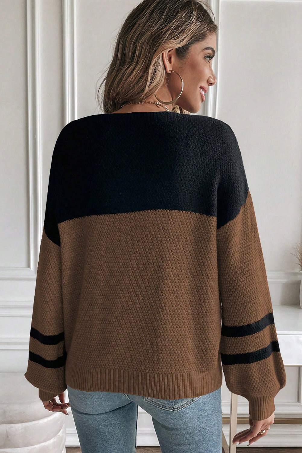 Dark Brown Colorblock Striped Sleeve Detail Knit Sweater eb21dc4a6370aff0