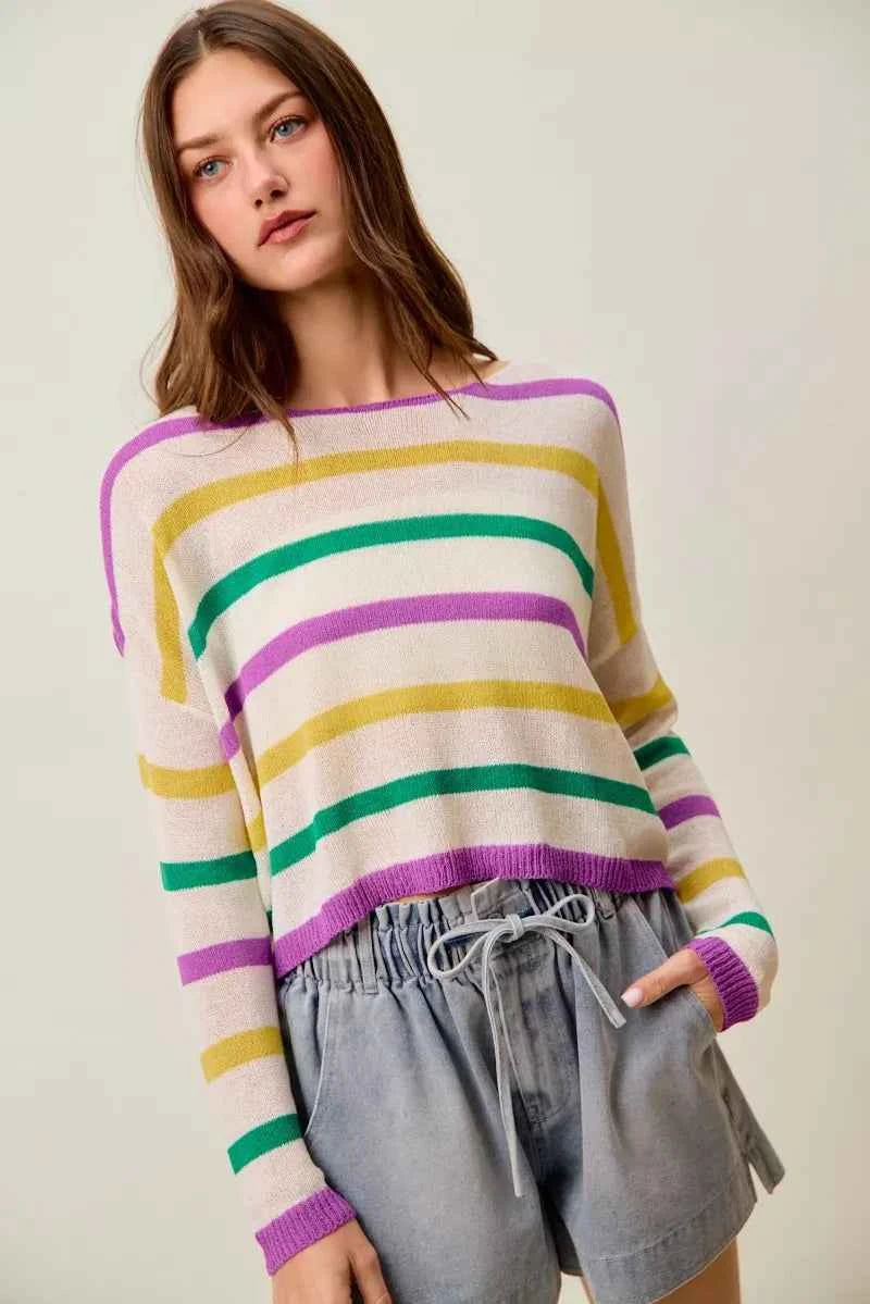 SO ME Mardi Gras Color Stripe Lightweight Sweater Top eb277bcab77e42f3a30331482143fc05-Max-Origin