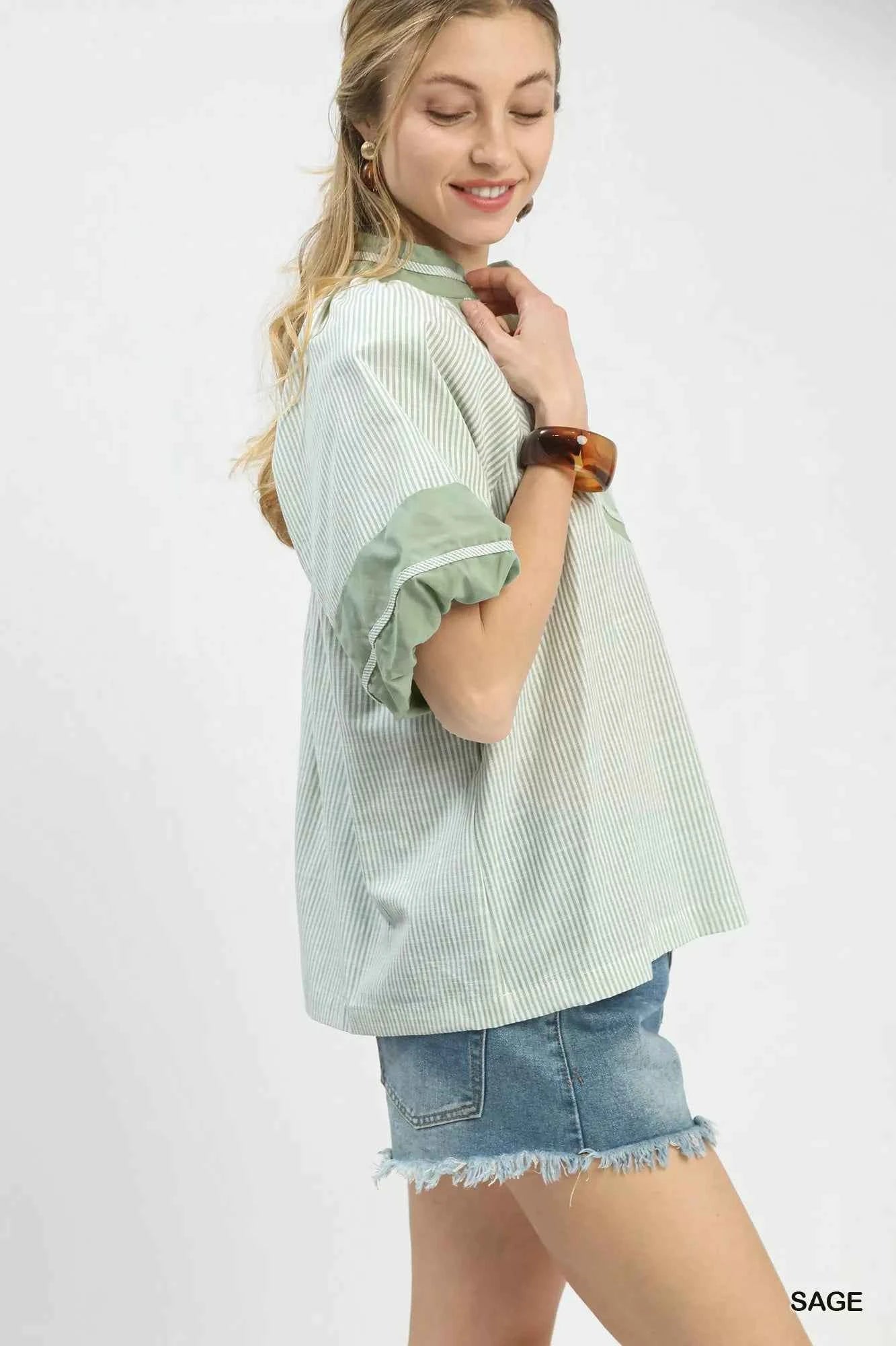 Umgee Striped Mixed Puff Sleeve Blouse eb2944d2-2c36-4ed6-b03a-547502fd2c82-Max-Origin