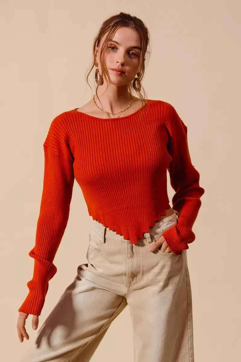 SO ME Rib Knitted Crop Sweater Top With Shaped Hem RUST eb2b58c2-1389-456f-b406-3b92d3929c73-Max-Origin