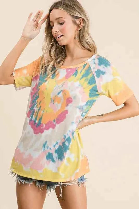 BiBi Tie Dye Print Short Sleeve T-Shirt with Raglan Sleeves eb2b8e871130483b991751d8b52ee6c5-Max-Origin