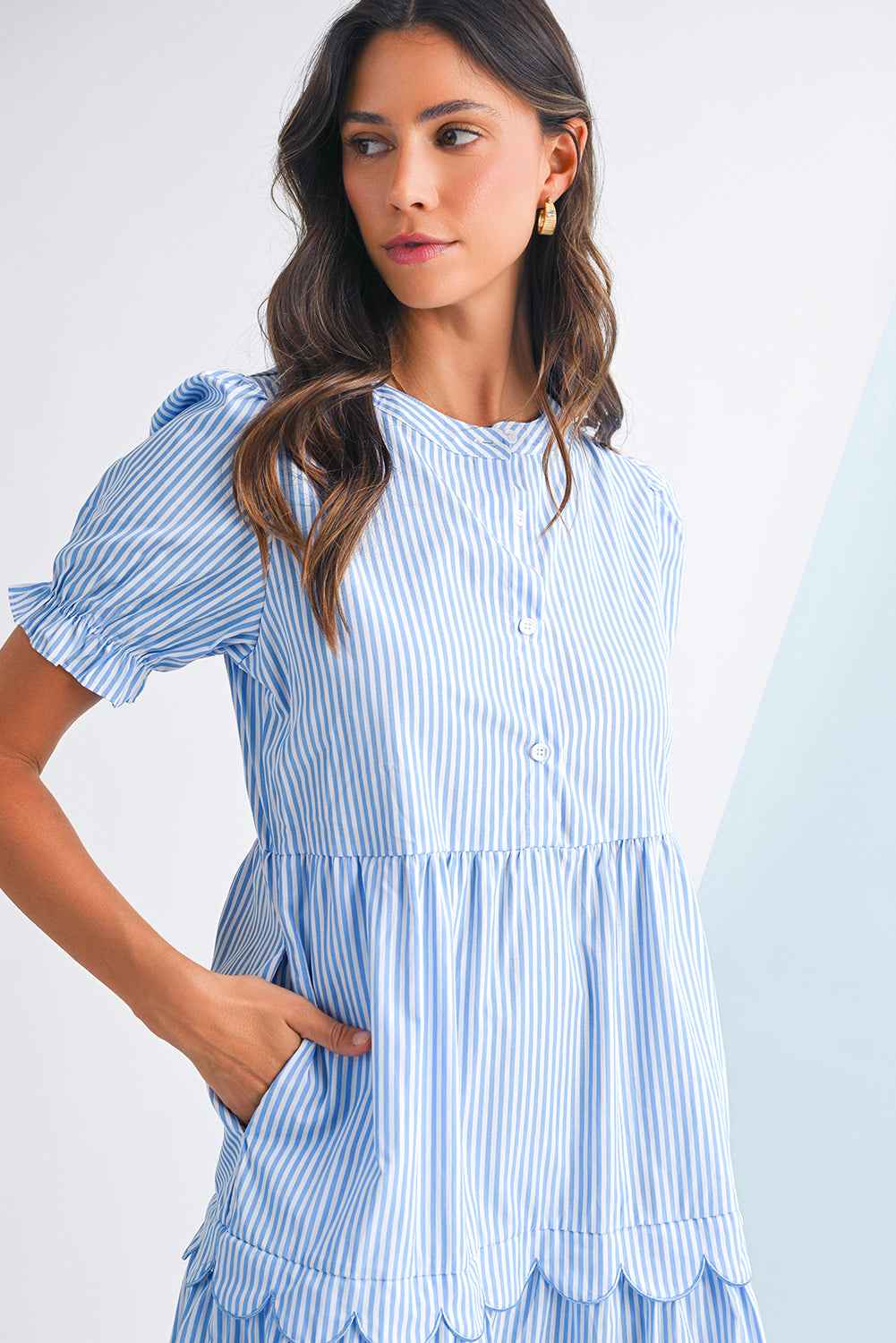 Sky Blue Stripe Bubble Sleeve Scallop Tiered Dress eb2c36f9e64f54e6