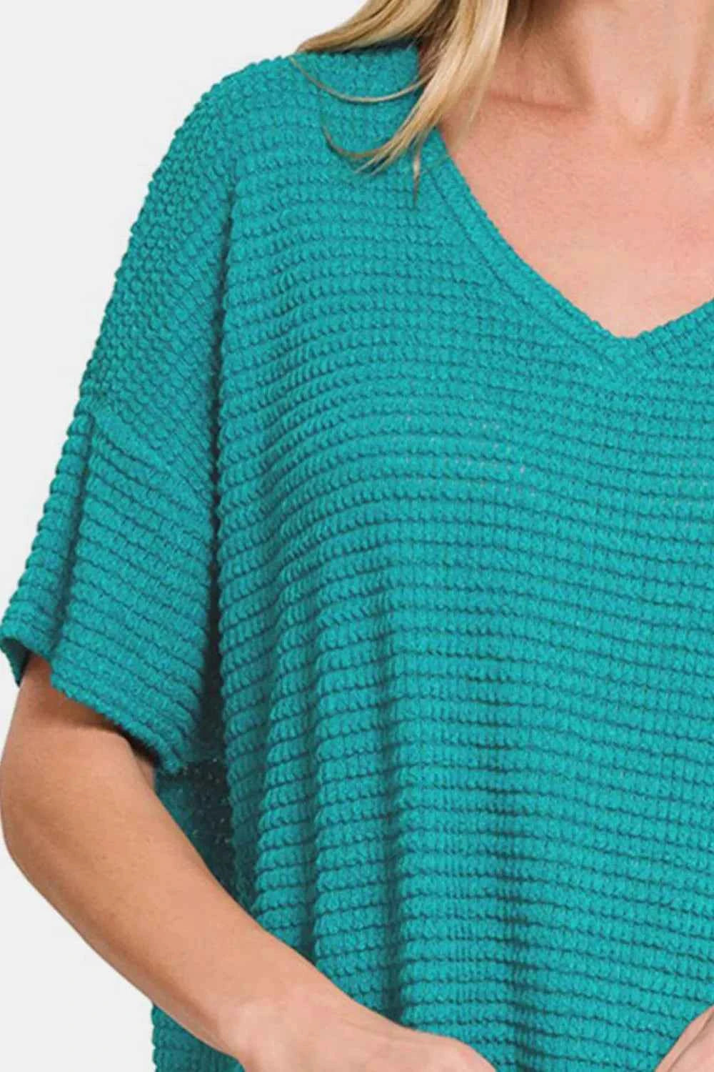 Zenana Drop Shoulder Short Sleeve Jacquard Knit Top eb2db87b-e39d-469c-ac81-6b1de1dc5868-Max
