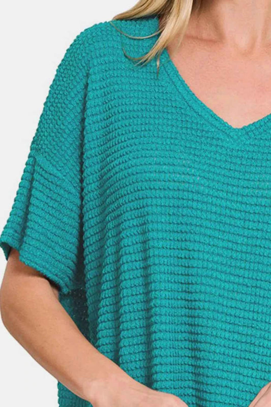 Drop Shoulder Short Sleeve Jacquard Knit Top eb2db87b-e39d-469c-ac81-6b1de1dc5868-Max