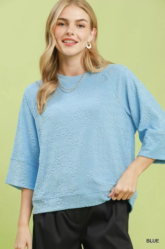 Round Neck Textured Floral Terry Blouse BLUE eb32460b-11a2-45b3-ab81-3dbabdf9d193-Max-Origin
