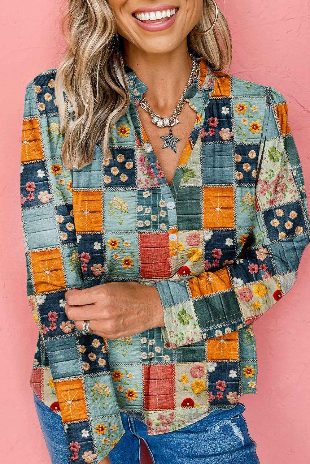 Sky Blue Fall Floral Half Placket Collared V Neck Blouse Sky Blue1 100%Polyester eb32f760f7f1c292