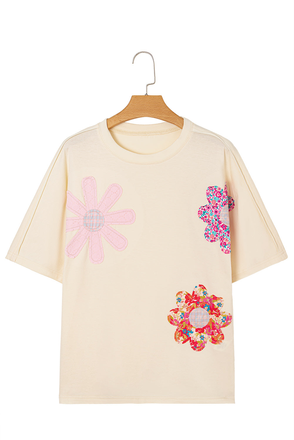 Sky Blue Flower Patched Exposed Stitching Trim Loose Tee eb3447abd4ce1896