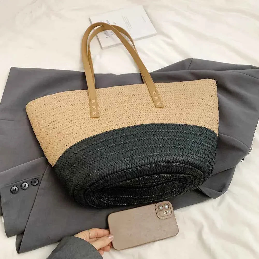 Contrast Straw Braided Handbag eb37f387-701c-476a-821a-dd947d2a3483-Max