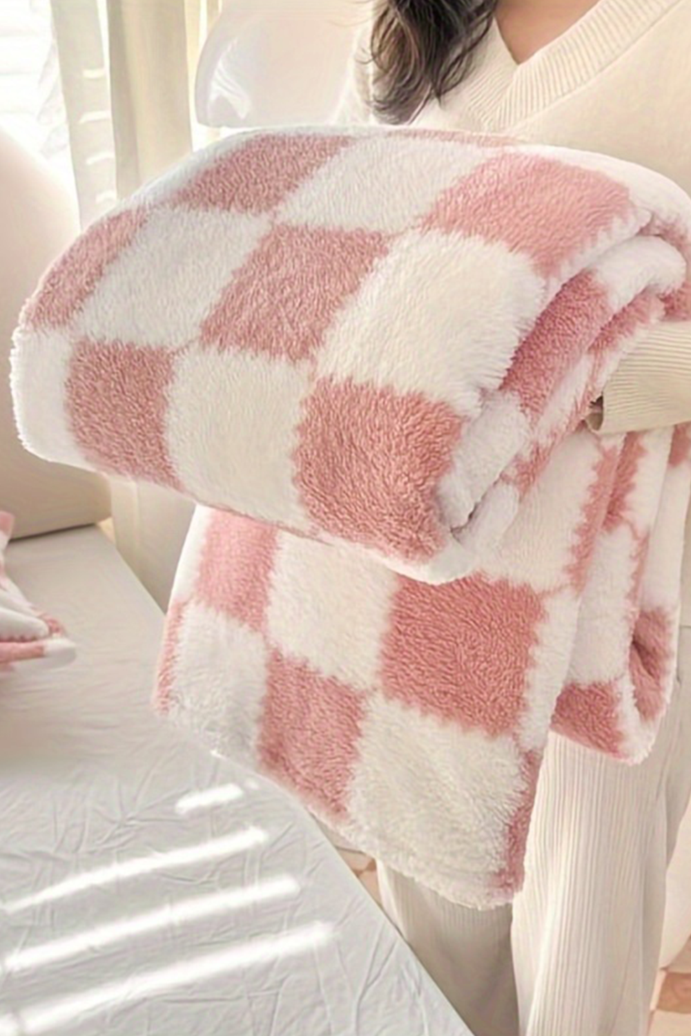 Black Checkered Fluffy Coral Fleece Blanket Pink ONE SIZE 100%Polyester eb3b66246f52932c