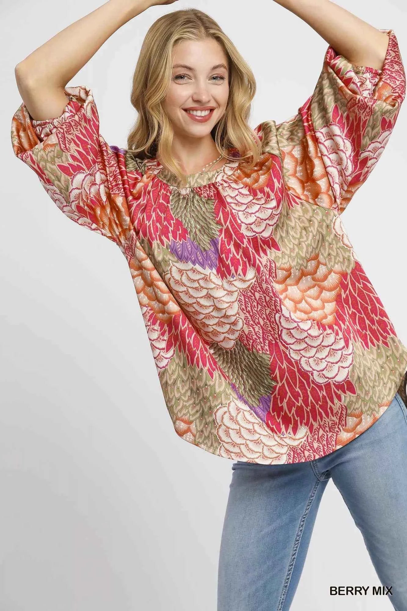 Umgee Boho Feather Print Peasant Blouse BERRY MIX eb409b9b-7d7d-4aab-af9a-797493dc8cc7-Max-Origin