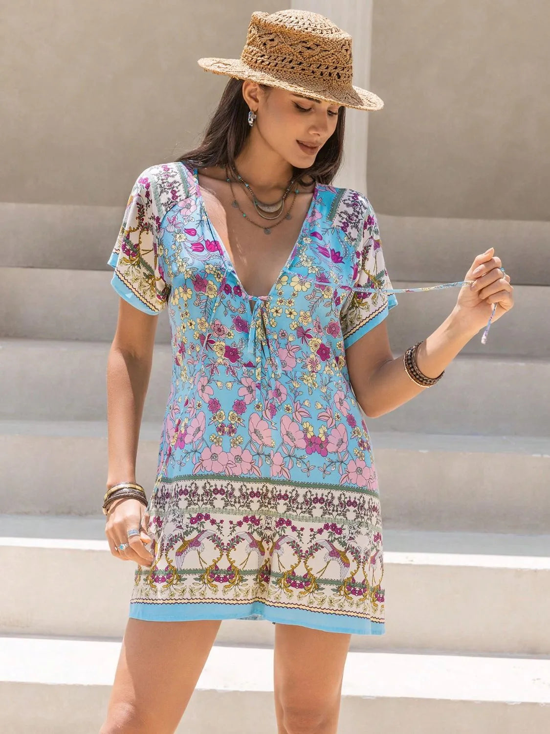 Tied Front Printed Short Sleeve Romper Light Blue eb4109bf-7861-42f1-bf29-ad621618130e-Max-Origin