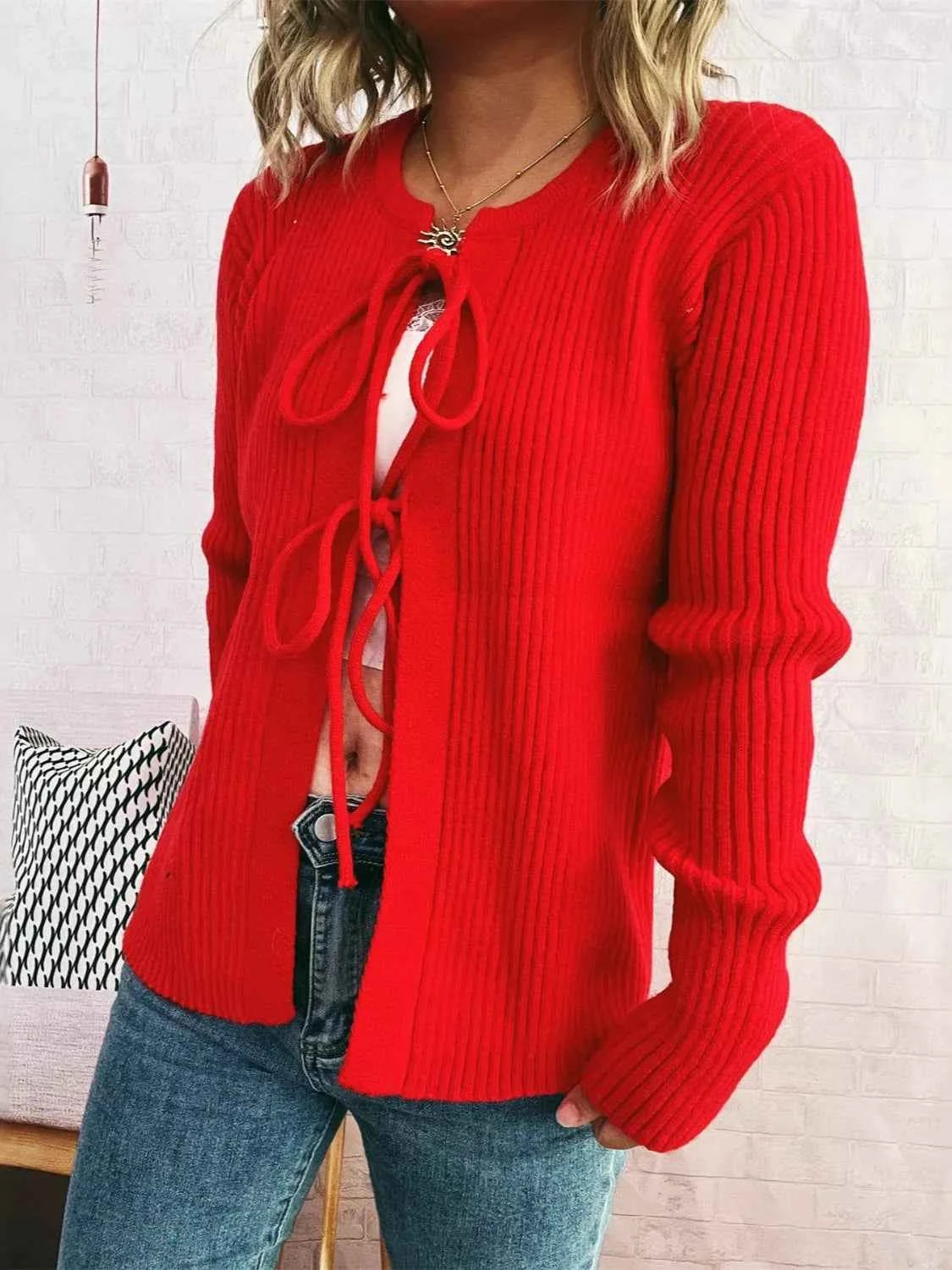 Ribbed Tie Front Long Sleeve Cardigan eb427398-8bcf-4d17-9e32-8de95f194e4a-Max-Origin