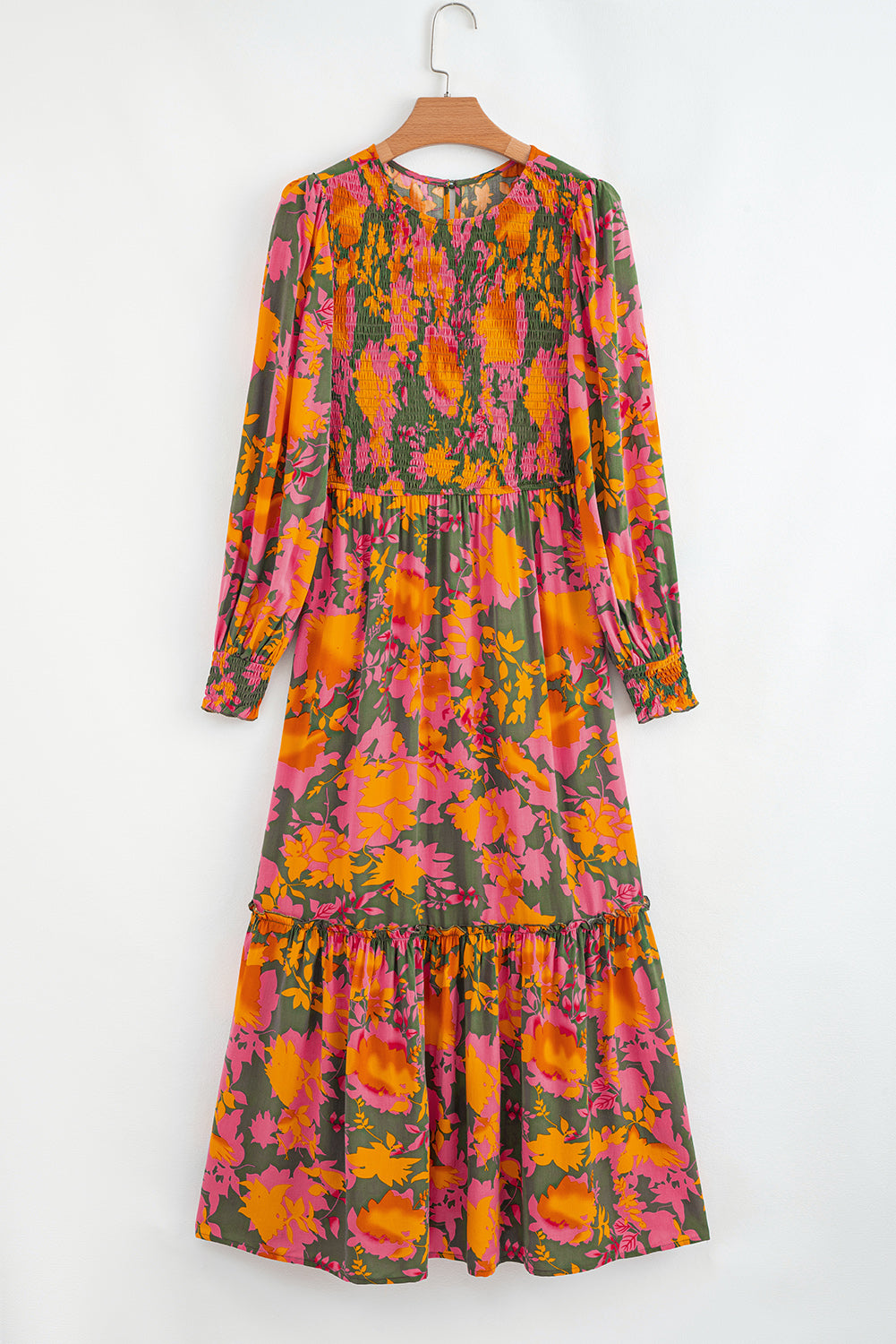 Orange Floral Puff Sleeve Smocked Bodice Frill Tiered Dress eb46224d70254d9a