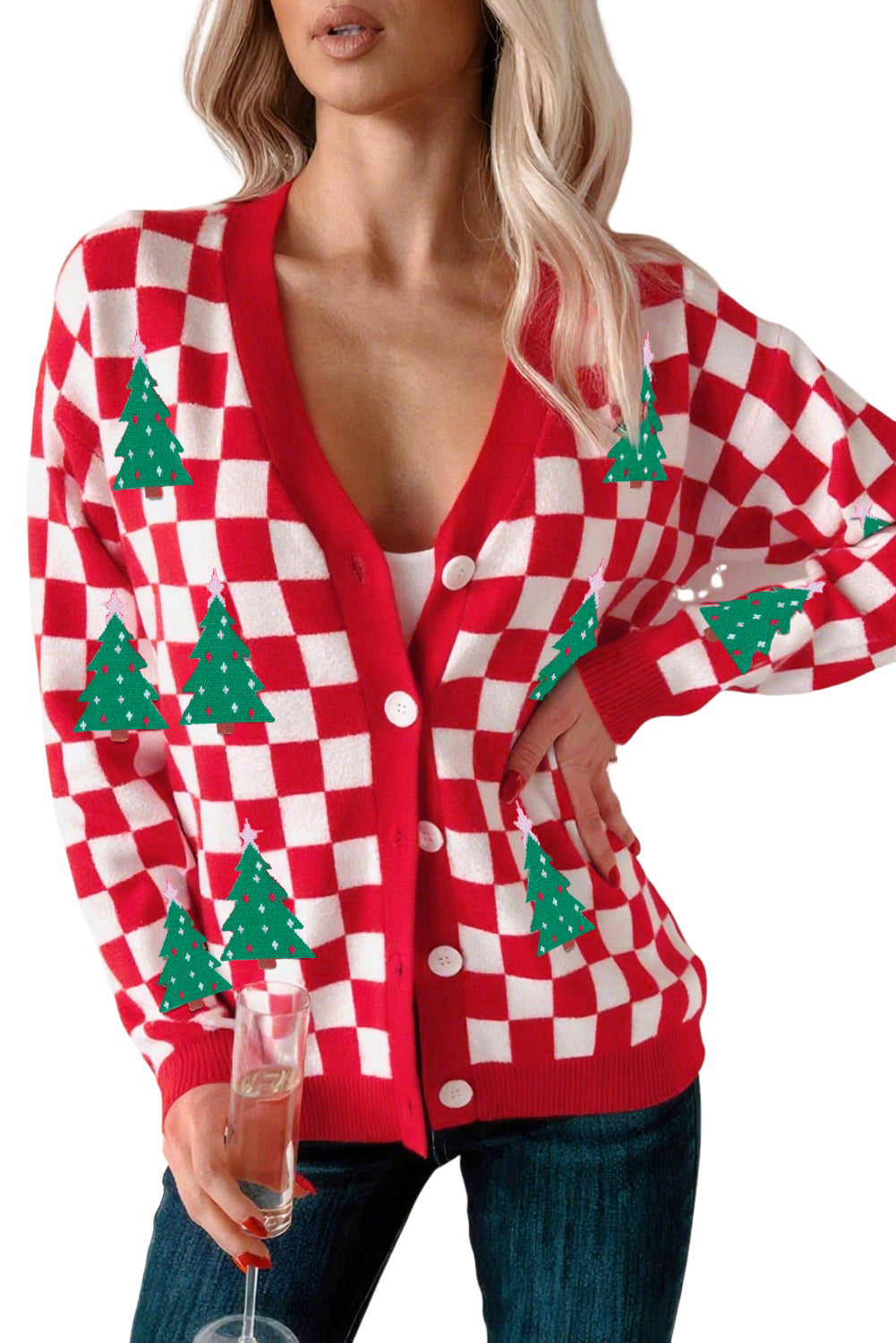 Red Checkered Christmas Tree Pattern Button V Neck Knit Cardigan Red 52%Viscose+26%Polyester+22%Polyamide eb4b25e9d95250cc