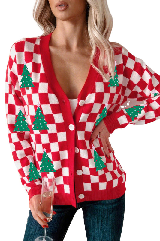 Red Checkered Christmas Tree Pattern Button V Neck Knit Cardigan Red 52%Viscose+26%Polyester+22%Polyamide eb4b25e9d95250cc