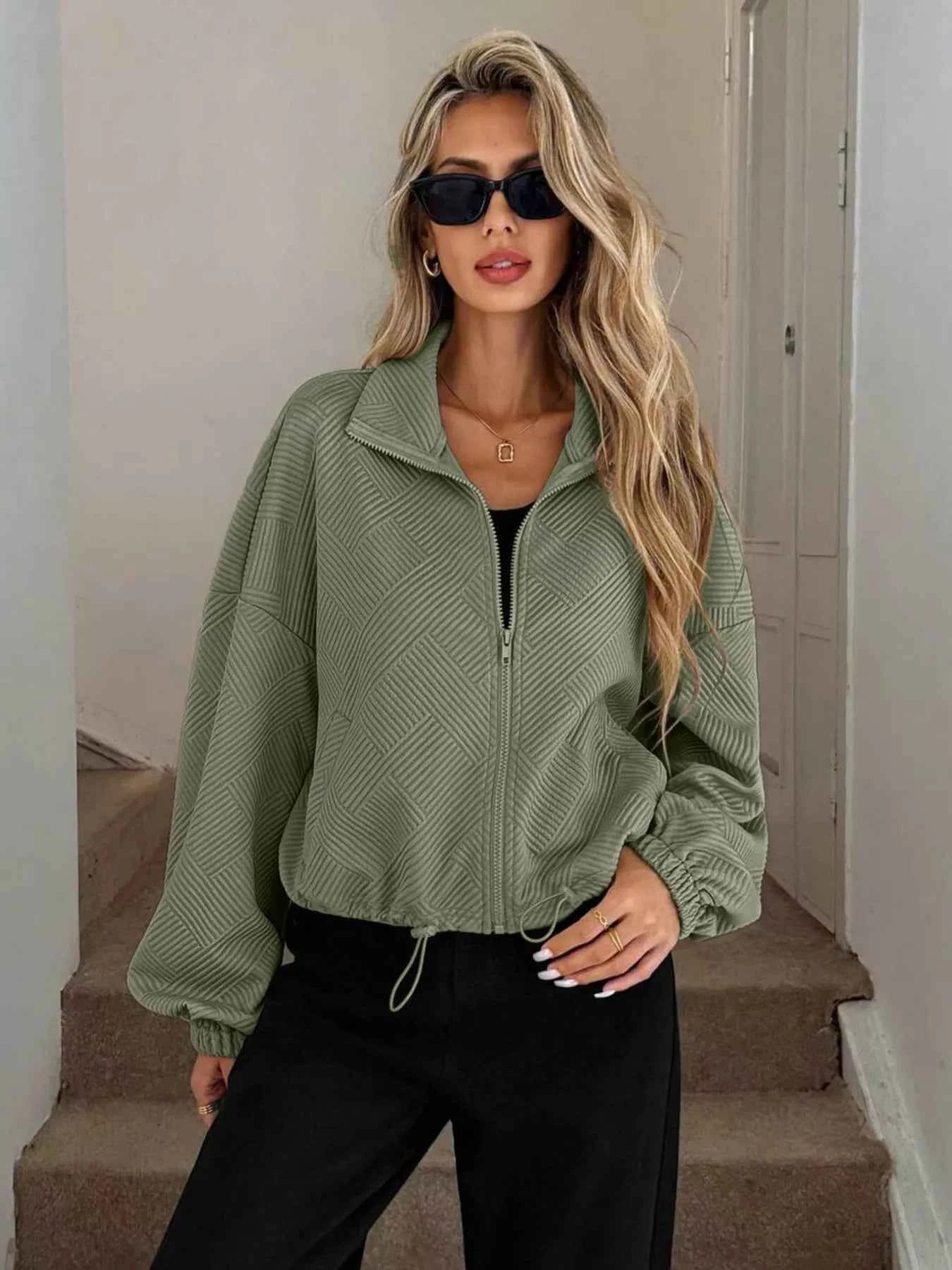 Drawstring Hem Textured Long Sleeve Jacket Army Green eb4c5c65df244af689a6648c049745d3-Max-Origin