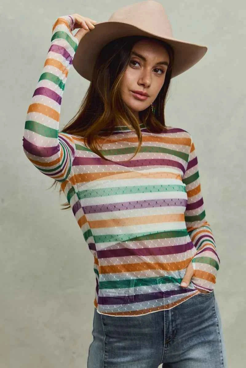 SO ME Mardi Gras Color Stripe Stretch Mesh Top eb522e802d0a4c8b8cd65f689dbba885-Max-Origin