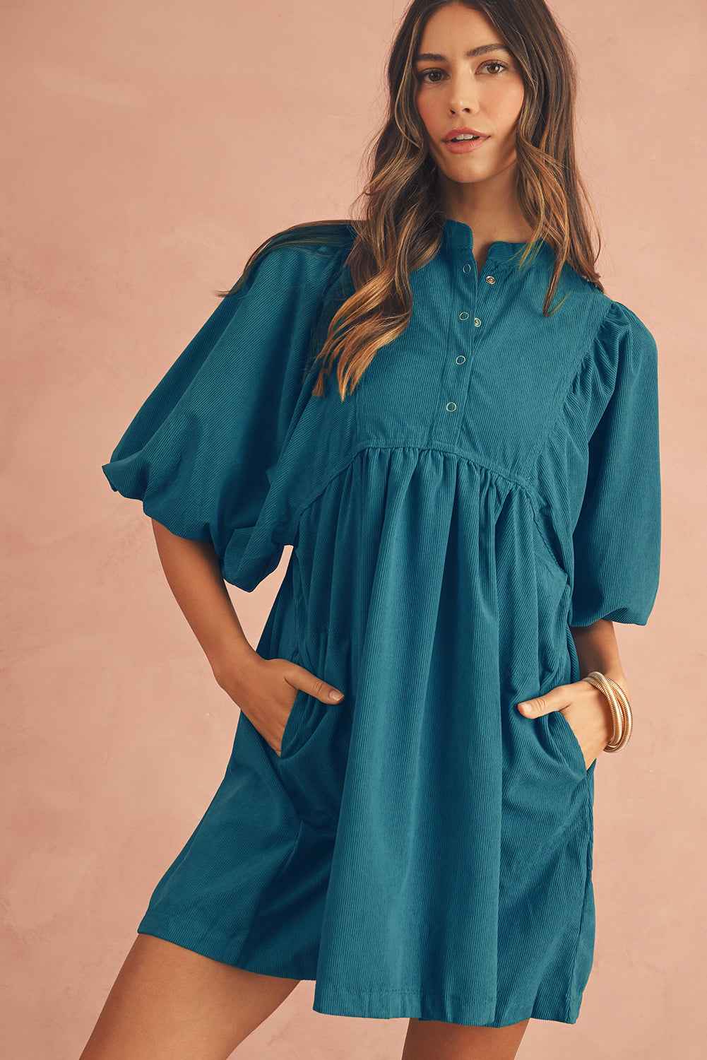 Gold Flame Light Snap Button Empire Waist Lantern Sleeve Corduroy Dress eb547280a7bd6a16