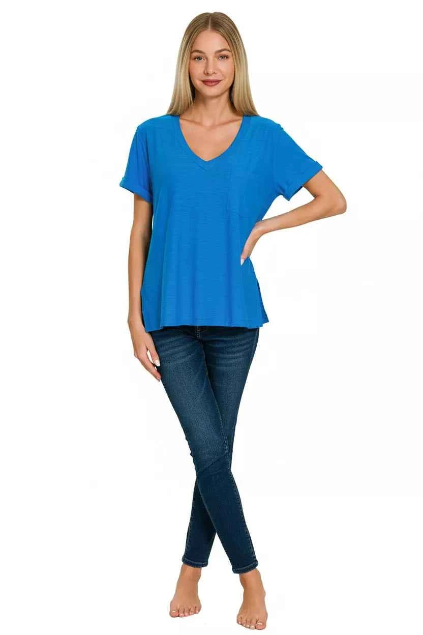 Zenana Slub Rolled Short Sleeve V-Neck Tee eb55f2f4-dac6-4c60-b921-ab81203d4a4b-Max-Origin