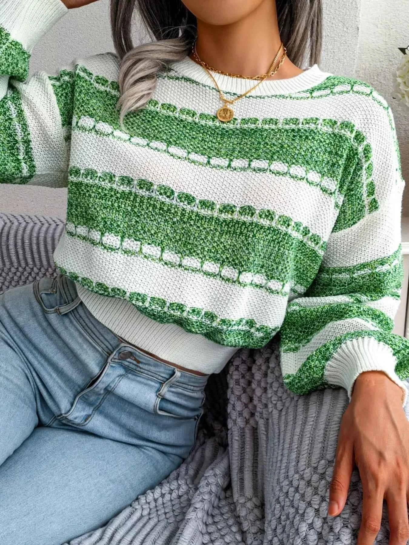 Color Block Round Neck Cropped Sweater Matcha Green eb561ebd-84bc-4792-9d54-f1143986f074-Max-Origin