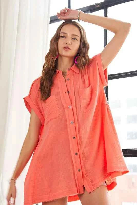 ADORA Raw Hem Collared Neck Button Down Shirt Coral eb5d4ef8-f9b0-4ec9-a7c9-6c687fc8c6b8-Max