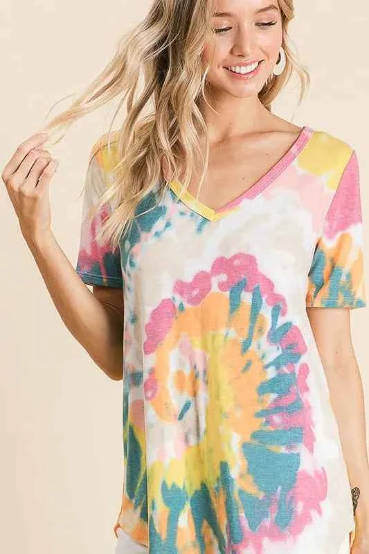 BiBi Circular Tie Dye Print V Neck Top eb5fcae4ec8543c4b9d6f4df8eb08eaa-Max-Origin